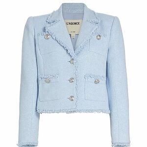 L'AGENCE Pastel Blue Cropped Tweed Blazer with Silver Buttons